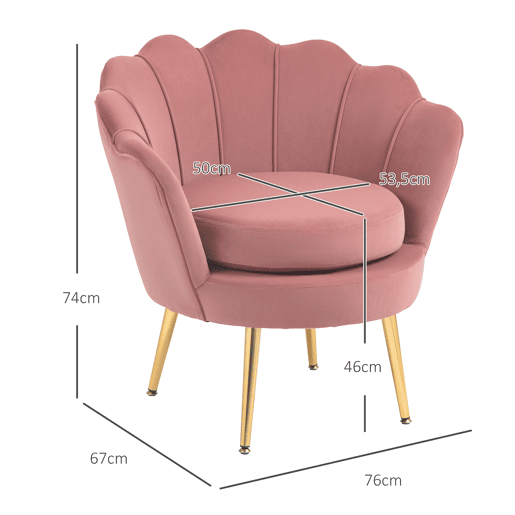 HOMCOM Poltrona de Sala Estofada em Veludo Poltrona para Quarto com Encosto em Forma de Concha e Pernas Douradas para Sala de Jantar 76x67x74 cm Rosa