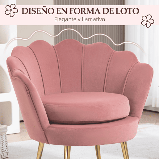 HOMCOM Poltrona de Sala Estofada em Veludo Poltrona para Quarto com Encosto em Forma de Concha e Pernas Douradas para Sala de Jantar 76x67x74 cm Rosa
