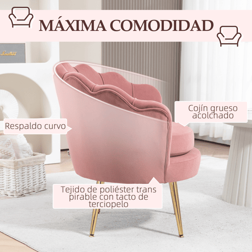 HOMCOM Poltrona de Sala Estofada em Veludo Poltrona para Quarto com Encosto em Forma de Concha e Pernas Douradas para Sala de Jantar 76x67x74 cm Rosa