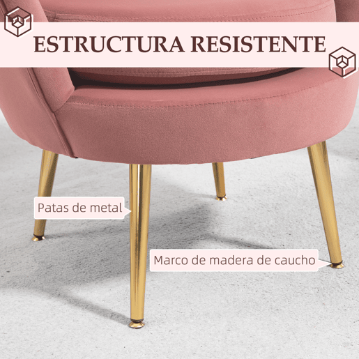 HOMCOM Poltrona de Sala Estofada em Veludo Poltrona para Quarto com Encosto em Forma de Concha e Pernas Douradas para Sala de Jantar 76x67x74 cm Rosa