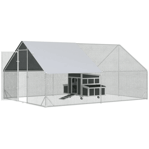 PawHut Conjunto de 1 Galinheiro de Madeira com Janela Porta Ninho Bandeja Amovível 147x93,5x89,5 cm e 1 Galinheiro para Exterior Grande de Aço Galvanizado 3x4x2 cm