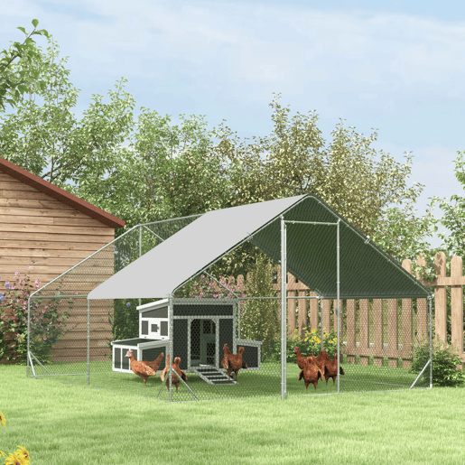 PawHut Conjunto de 1 Galinheiro de Madeira com Janela Porta Ninho Bandeja Amovível 147x93,5x89,5 cm e 1 Galinheiro para Exterior Grande de Aço Galvanizado 3x4x2 cm