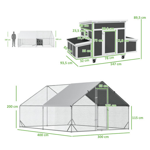 PawHut Conjunto de 1 Galinheiro de Madeira com Janela Porta Ninho Bandeja Amovível 147x93,5x89,5 cm e 1 Galinheiro para Exterior Grande de Aço Galvanizado 3x4x2 cm