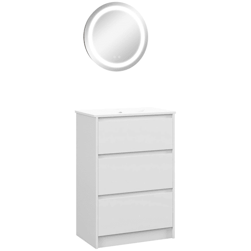 kleankin Conjunto de Casa de Banho Inclui 1 Móvel com Lavatório 61x37x88 cm e 1 Espelho com Luz LED Anti-Embaciamento Interruptor Tátil Ø50x4,6 cm Branco Brilhante e Prata