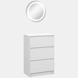 kleankin Conjunto de Casa de Banho Inclui 1 Móvel com Lavatório 61x37x88 cm e 1 Espelho com Luz LED Anti-Embaciamento Interruptor Tátil Ø50x4,6 cm Branco Brilhante e Prata