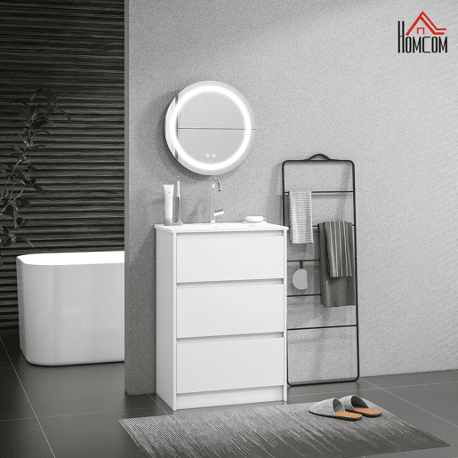 kleankin Conjunto de Casa de Banho Inclui 1 Móvel com Lavatório 61x37x88 cm e 1 Espelho com Luz LED Anti-Embaciamento Interruptor Tátil Ø50x4,6 cm Branco Brilhante e Prata