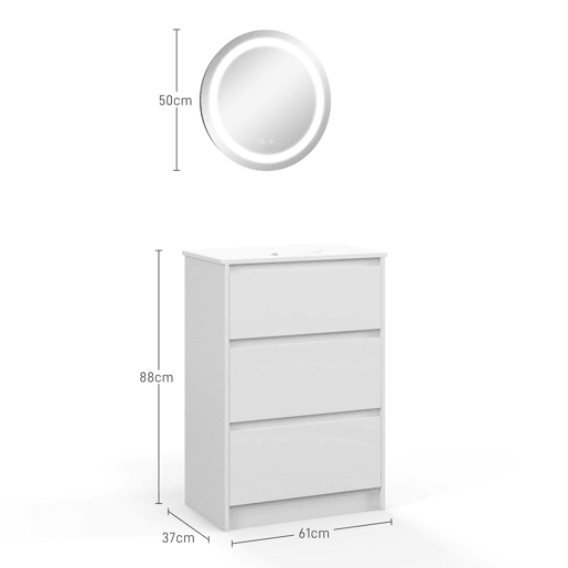 kleankin Conjunto de Casa de Banho Inclui 1 Móvel com Lavatório 61x37x88 cm e 1 Espelho com Luz LED Anti-Embaciamento Interruptor Tátil Ø50x4,6 cm Branco Brilhante e Prata