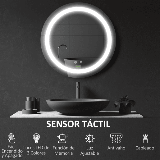kleankin Conjunto de Casa de Banho Inclui 1 Móvel com Lavatório 61x37x88 cm e 1 Espelho com Luz LED Anti-Embaciamento Interruptor Tátil Ø50x4,6 cm Branco Brilhante e Prata