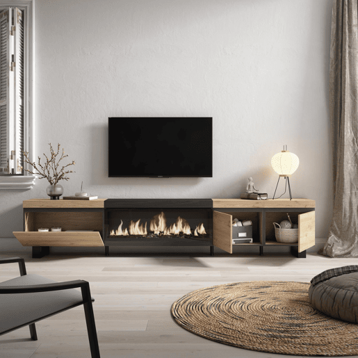 Móvel de TV, Muito espaço de arrumação, 288x35x57cm, TV de grande formato, Lareira eléctrica XXL, Design industrial, Estilo moderno, Carvalho e preto