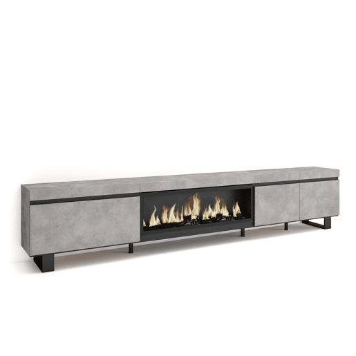 Móvel de TV, Muito espaço de arrumação, 288x35x57cm, TV de grande formato, Lareira eléctrica XXL, Design industrial, Estilo moderno, Cimento Móvel de TV, Muito espaço de arrumação, 288x35x57cm, TV de grande formato, Lareira eléctrica XXL, Design industrial, Estilo moderno, Cimento
