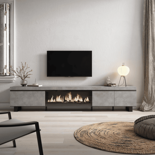 Móvel de TV, Muito espaço de arrumação, 288x35x57cm, TV de grande formato, Lareira eléctrica XXL, Design industrial, Estilo moderno, Cimento Móvel de TV, Muito espaço de arrumação, 288x35x57cm, TV de grande formato, Lareira eléctrica XXL, Design industrial, Estilo moderno, Cimento