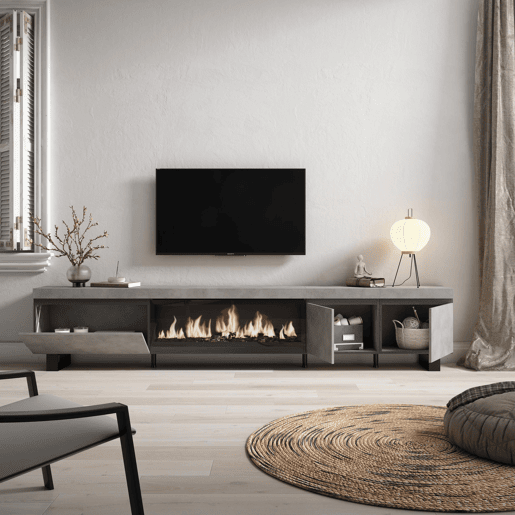 Móvel de TV, Muito espaço de arrumação, 288x35x57cm, TV de grande formato, Lareira eléctrica XXL, Design industrial, Estilo moderno, Cimento Móvel de TV, Muito espaço de arrumação, 288x35x57cm, TV de grande formato, Lareira eléctrica XXL, Design industrial, Estilo moderno, Cimento