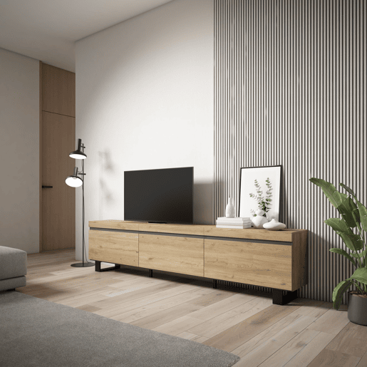 Móvel de TV, Muito espaço de arrumação, 240x35x57cm, Design industrial, Estilo moderno, Carvalho
