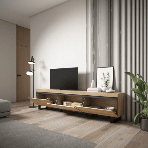 Móvel de TV, Muito espaço de arrumação, 240x35x57cm, Design industrial, Estilo moderno, Carvalho