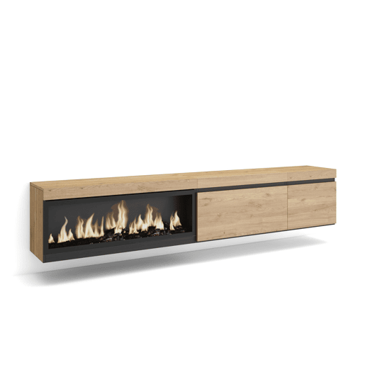 Móvel de TV, Muito espaço de arrumação, 237x35x45cm, TV de grande formato, Lareira eléctrica XXL, Suspensos, Estilo moderno, Carvalho