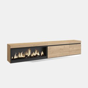 Móvel de TV, Muito espaço de arrumação, 237x35x45cm, TV de grande formato, Lareira eléctrica XXL, Suspensos, Estilo moderno, Carvalho