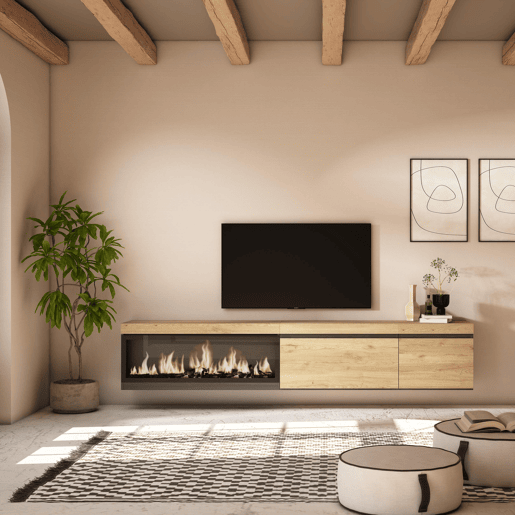 Móvel de TV, Muito espaço de arrumação, 237x35x45cm, TV de grande formato, Lareira eléctrica XXL, Suspensos, Estilo moderno, Carvalho