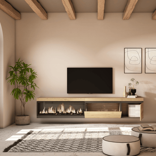 Móvel de TV, Muito espaço de arrumação, 237x35x45cm, TV de grande formato, Lareira eléctrica XXL, Suspensos, Estilo moderno, Carvalho
