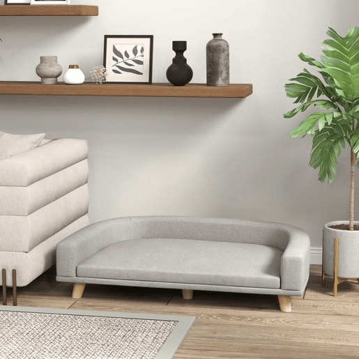 PawHut Sofá para Cães Cama Elevada para Cães Estofada com Almofada Lavável e Pés de Madeira de Pinho Carga Máxima 40 kg 98x67x25 cm Cinza