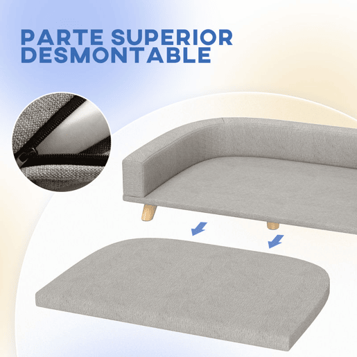 PawHut Sofá para Cães Cama Elevada para Cães Estofada com Almofada Lavável e Pés de Madeira de Pinho Carga Máxima 40 kg 98x67x25 cm Cinza