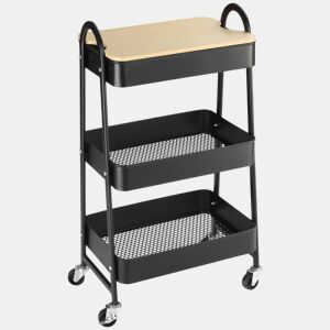 HOMCOM Carrinho Auxiliar com Rodas de 3 Níveis Carrinho de Cozinha com 3 Cestas de Aço e 1 Bancada de Madeira para Sala de Estar Casa de Banho 45x31x79,4 cm Preto
