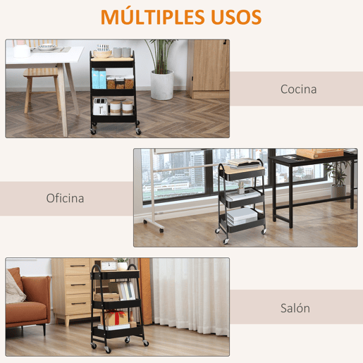 HOMCOM Carrinho Auxiliar com Rodas de 3 Níveis Carrinho de Cozinha com 3 Cestas de Aço e 1 Bancada de Madeira para Sala de Estar Casa de Banho 45x31x79,4 cm Preto