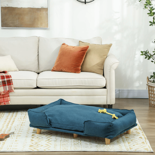 PawHut Sofá para Cães Grandes Cama Elevada para Cães com Pés de Madeira e Almofada Lavável Cama para Animais de Estimação Carga 30 kg 96x66x24 cm Azul Escuro