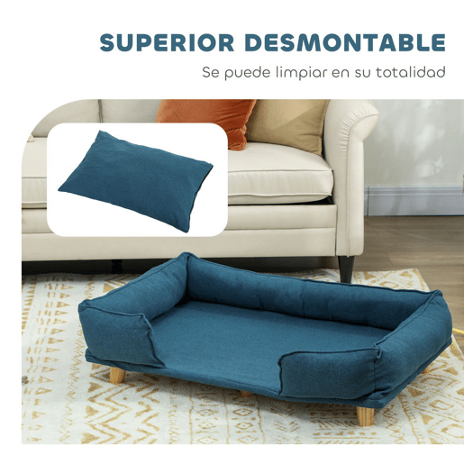 PawHut Sofá para Cães Grandes Cama Elevada para Cães com Pés de Madeira e Almofada Lavável Cama para Animais de Estimação Carga 30 kg 96x66x24 cm Azul Escuro