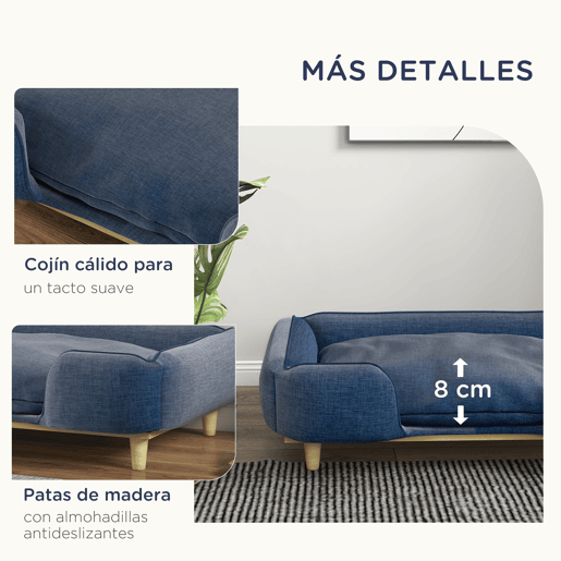 PawHut Sofá para Cães Grandes Cama Elevada para Cães com Pés de Madeira e Almofada Lavável Cama para Animais de Estimação Carga 30 kg 96x66x24 cm Azul Escuro