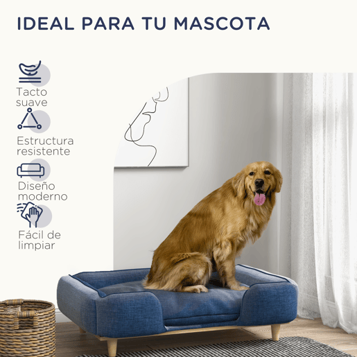 PawHut Sofá para Cães Grandes Cama Elevada para Cães com Pés de Madeira e Almofada Lavável Cama para Animais de Estimação Carga 30 kg 96x66x24 cm Azul Escuro