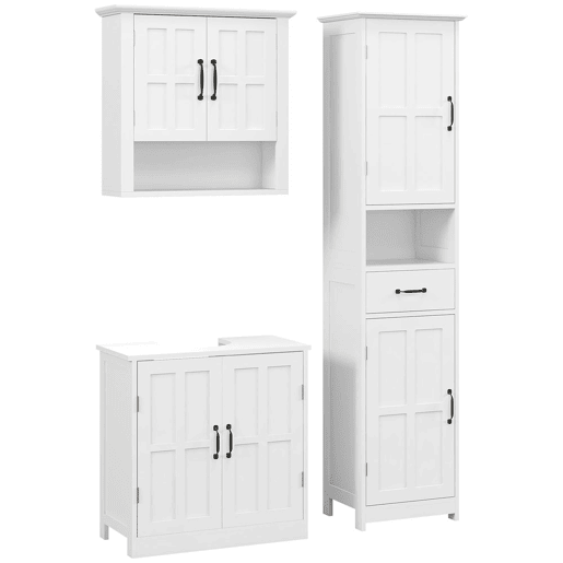 kleankin Conjunto Casa de Banho Inclui 1 Coluna para Casa de Banho 1 Móvel para Lavatório e 1 Armário de Parede com Prateleira Ajustável Estilo Moderno Branco
