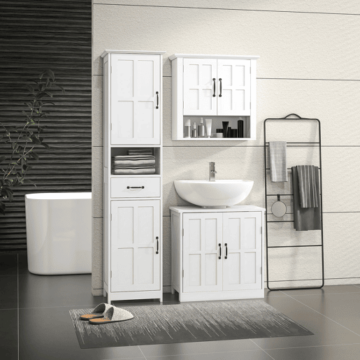 kleankin Conjunto Casa de Banho Inclui 1 Coluna para Casa de Banho 1 Móvel para Lavatório e 1 Armário de Parede com Prateleira Ajustável Estilo Moderno Branco
