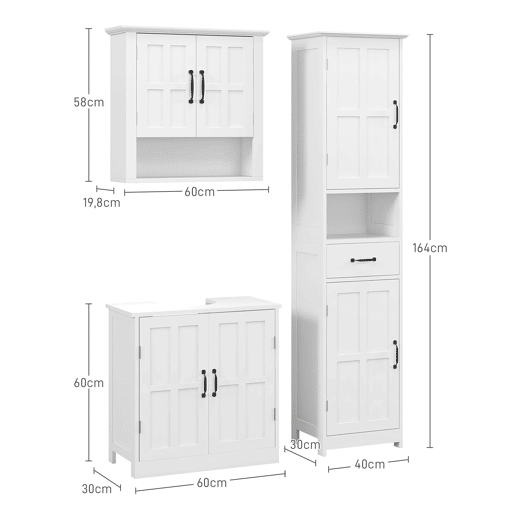 kleankin Conjunto Casa de Banho Inclui 1 Coluna para Casa de Banho 1 Móvel para Lavatório e 1 Armário de Parede com Prateleira Ajustável Estilo Moderno Branco