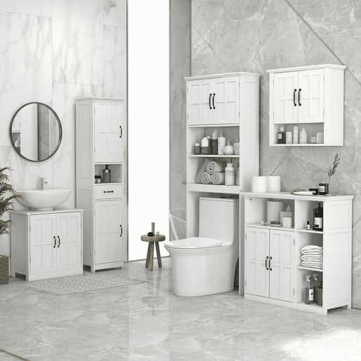 kleankin Conjunto Casa de Banho Inclui 1 Coluna para Casa de Banho 1 Móvel para Lavatório e 1 Armário de Parede com Prateleira Ajustável Estilo Moderno Branco