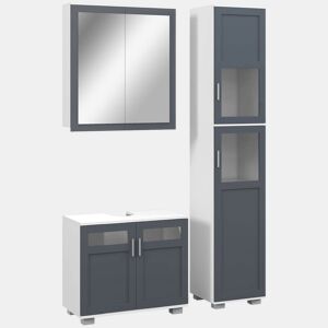kleankin Conjunto Casa de Banho Inclui 1 Coluna de Casa de Banho 1 Armário com Espelho e 1 Móvel para Lavatório com Portas de Vidro e Prateleiras Ajustáveis Branco e Cinza