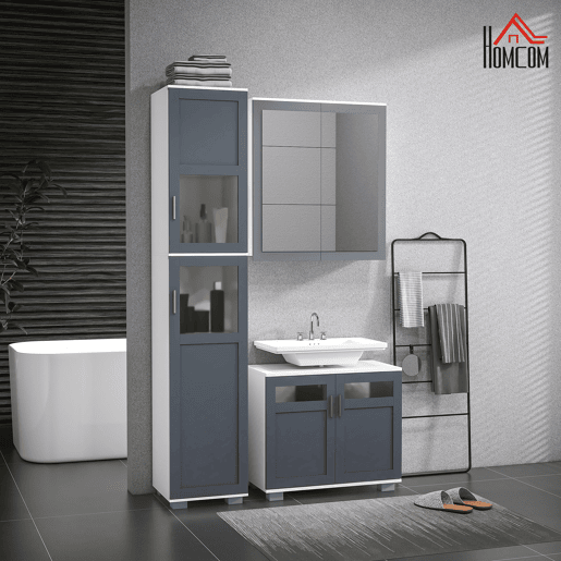 kleankin Conjunto Casa de Banho Inclui 1 Coluna de Casa de Banho 1 Armário com Espelho e 1 Móvel para Lavatório com Portas de Vidro e Prateleiras Ajustáveis Branco e Cinza