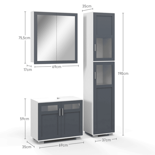 kleankin Conjunto Casa de Banho Inclui 1 Coluna de Casa de Banho 1 Armário com Espelho e 1 Móvel para Lavatório com Portas de Vidro e Prateleiras Ajustáveis Branco e Cinza