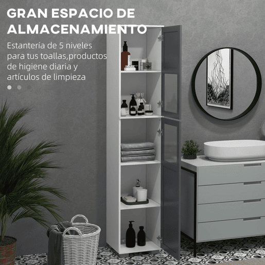kleankin Conjunto Casa de Banho Inclui 1 Coluna de Casa de Banho 1 Armário com Espelho e 1 Móvel para Lavatório com Portas de Vidro e Prateleiras Ajustáveis Branco e Cinza