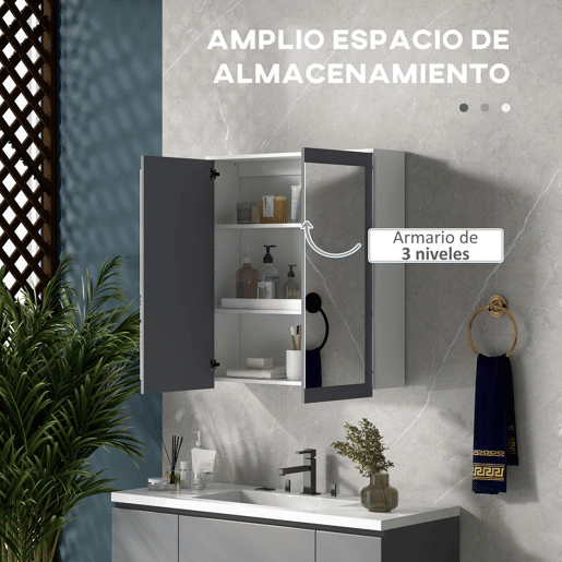 kleankin Conjunto Casa de Banho Inclui 1 Coluna de Casa de Banho 1 Armário com Espelho e 1 Móvel para Lavatório com Portas de Vidro e Prateleiras Ajustáveis Branco e Cinza