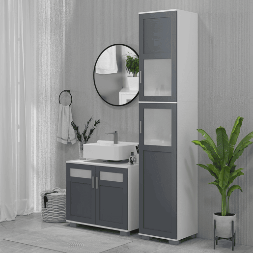 kleankin Conjunto Casa de Banho Inclui 1 Coluna de Casa de Banho 1 Armário com Espelho e 1 Móvel para Lavatório com Portas de Vidro e Prateleiras Ajustáveis Branco e Cinza