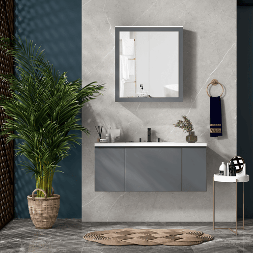 kleankin Conjunto Casa de Banho Inclui 1 Coluna de Casa de Banho 1 Armário com Espelho e 1 Móvel para Lavatório com Portas de Vidro e Prateleiras Ajustáveis Branco e Cinza