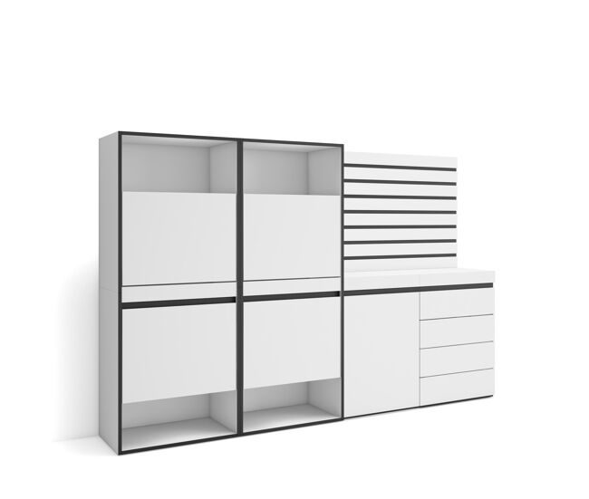 Zapatero, armario zapatos botas, 227x35x145cm, dormitorio, habitación, cómoda, cajonera, listones decorativos, estilo moderno, blanco