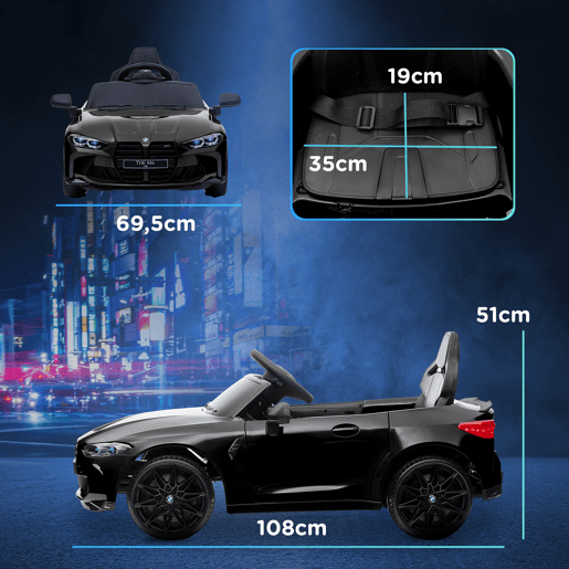 AIYAPLAY Carro Elétrico para Crianças, BMW M4, Carro a Bateria 12V, com Controlo Remoto 2,4 G, Rodas Traseiras com Suspensão, 3-5 kmh, Faróis LED, Buzina, Música, USB, Motor Duplo, Preto