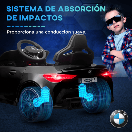 AIYAPLAY Carro Elétrico para Crianças, BMW M4, Carro a Bateria 12V, com Controlo Remoto 2,4 G, Rodas Traseiras com Suspensão, 3-5 kmh, Faróis LED, Buzina, Música, USB, Motor Duplo, Preto