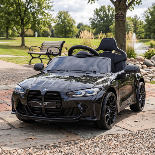 AIYAPLAY Carro Elétrico para Crianças, BMW M4, Carro a Bateria 12V, com Controlo Remoto 2,4 G, Rodas Traseiras com Suspensão, 3-5 kmh, Faróis LED, Buzina, Música, USB, Motor Duplo, Preto