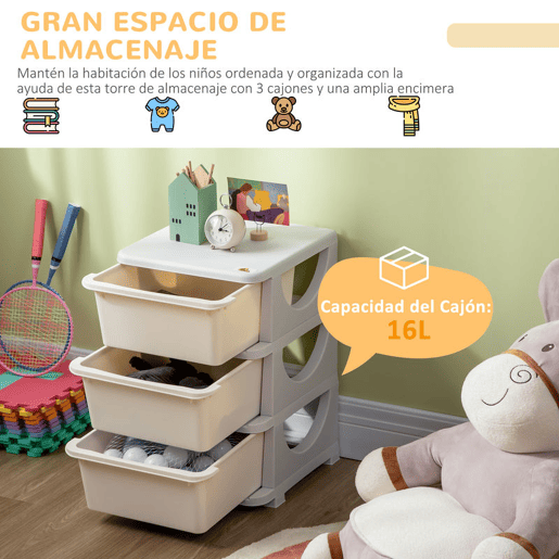 HOMCOM Organizador de Brinquedos para Crianças acima de 3 Anos com 3 Gavetas Arrumação para Brinquedos Roupas Livros 37x37x56,5 cm Bege