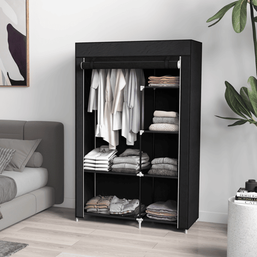 HOMCOM Roupeiro de Tecido Dobrável Armário de Roupa Portátil com 6 Prateleiras e 1 Barra de Pendurar para Dormitório Vestidor 103x43x162,5 cm Preto