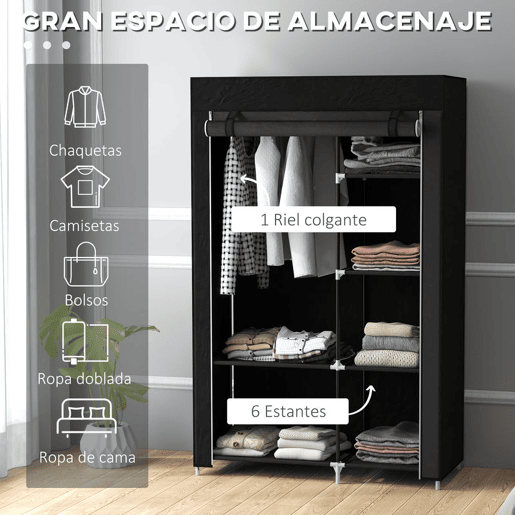 HOMCOM Roupeiro de Tecido Dobrável Armário de Roupa Portátil com 6 Prateleiras e 1 Barra de Pendurar para Dormitório Vestidor 103x43x162,5 cm Preto