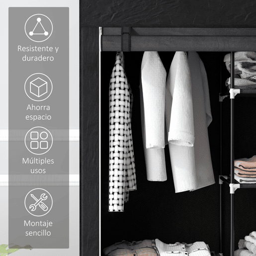 HOMCOM Roupeiro de Tecido Dobrável Armário de Roupa Portátil com 6 Prateleiras e 1 Barra de Pendurar para Dormitório Vestidor 103x43x162,5 cm Preto