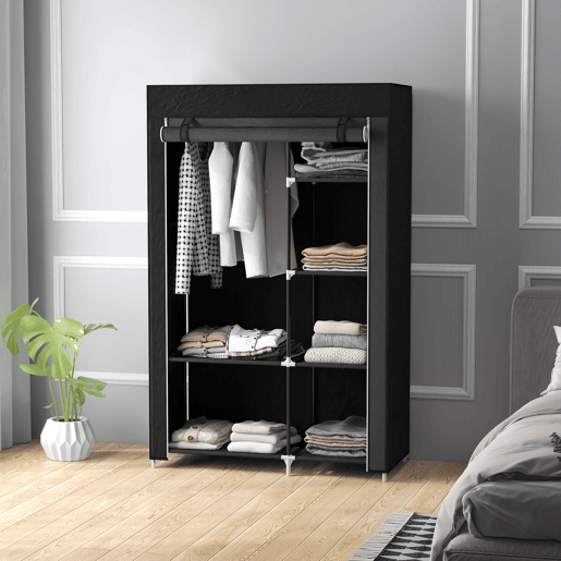 HOMCOM Roupeiro de Tecido Dobrável Armário de Roupa Portátil com 6 Prateleiras e 1 Barra de Pendurar para Dormitório Vestidor 103x43x162,5 cm Preto
